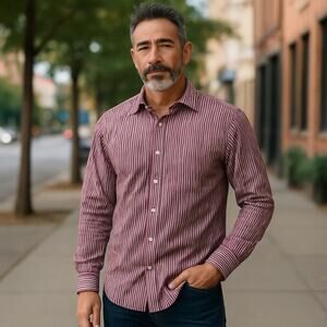 Peter Millar Men’s Large Dress Shirt Red Blue White Striped Cotton Long Sleeve